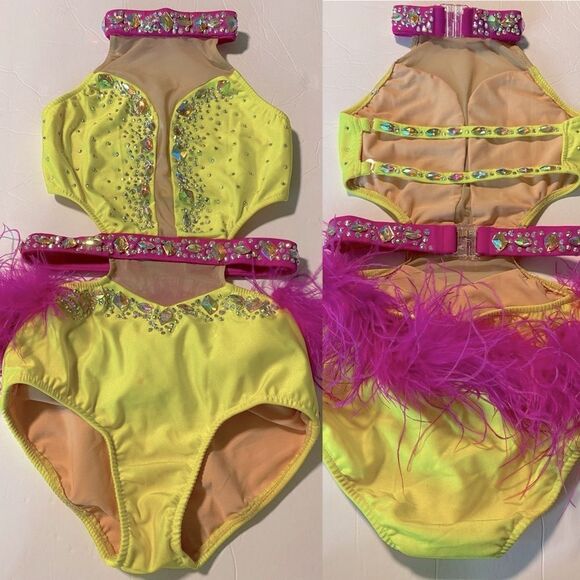 Glamour solo dance costume hot pink neon yellow Feather rhinestone bedazzled LC - Picture 3 of 15